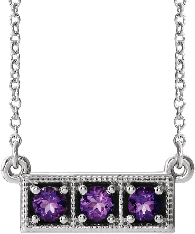14K Gold Round Natural Amethyst Three-Stone Bar Necklace - White Gold