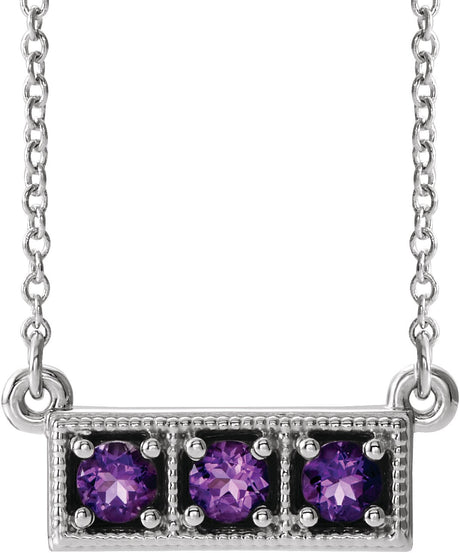 Platinum Round Natural Amethyst Three-Stone Bar Necklace