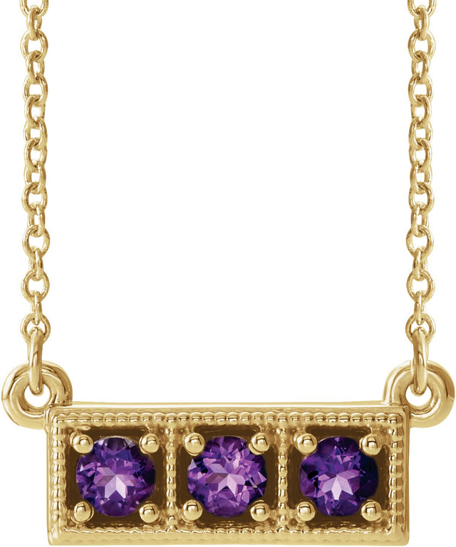14K Gold Round Natural Amethyst Three-Stone Bar Necklace - Yellow Gold