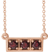 14K Gold Round Natural Mozambique Garnet Three-Stone Bar Necklace - Rose Gold