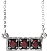 14K Gold Round Natural Mozambique Garnet Three-Stone Bar Necklace - White Gold