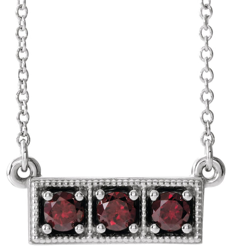 14K Gold Round Natural Mozambique Garnet Three-Stone Bar Necklace - White Gold