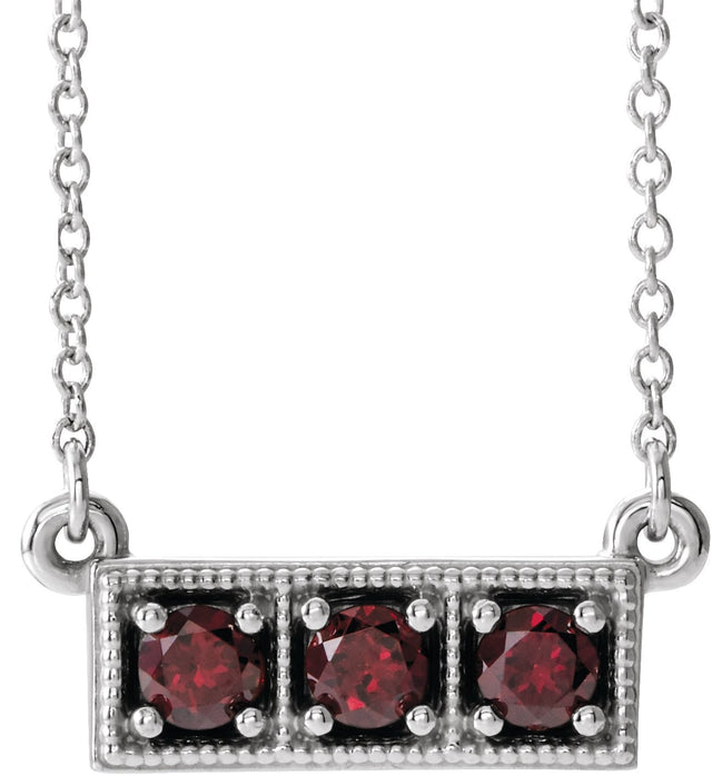 14K Gold Round Natural Mozambique Garnet Three-Stone Bar Necklace - White Gold