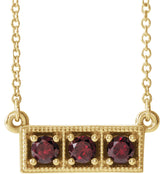 14K Gold Round Natural Mozambique Garnet Three-Stone Bar Necklace - Yellow Gold