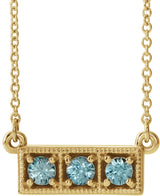 14K Gold Round Natural Blue Zircon Three-Stone Bar Necklace - Yellow Gold
