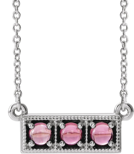 Platinum Round Natural Pink Tourmaline Three-Stone Bar Necklace