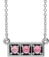 Platinum Round Natural Pink Sapphire Three-Stone Bar Necklace