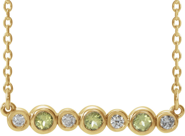 14K Gold Round Natural Peridot Bezel-Set Bar Necklace – 0.08 CTW - Yellow Gold