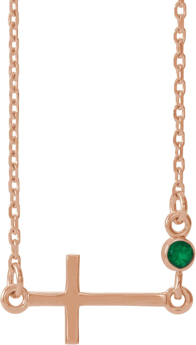 14K Gold Round Lab-Grown Emerald Accented Sideways Cross Necklace - Rose Gold