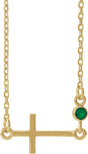 14K Gold Round Natural Emerald Accented Sideways Cross Necklace - Yellow Gold