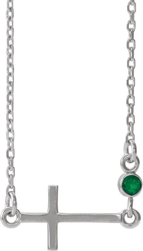 14K Gold Round Natural Emerald Accented Sideways Cross Necklace - White Gold