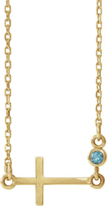 14K Gold Round Natural Aquamarine Accented Sideways Cross Necklace - Yellow Gold