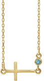 14K Gold Round Natural Aquamarine Accented Sideways Cross Necklace - Yellow Gold