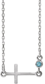 14K Gold Round Natural Aquamarine Accented Sideways Cross Necklace - White Gold