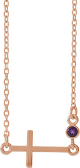14K Gold Round Natural Amethyst Accented Sideways Cross Necklace - Rose Gold