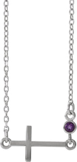 14K Gold Round Natural Amethyst Accented Sideways Cross Necklace - White Gold