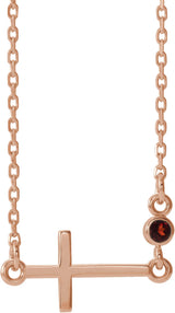 14K Gold Round Natural Mozambique Garnet Accented Sideways Cross Necklace - Rose Gold