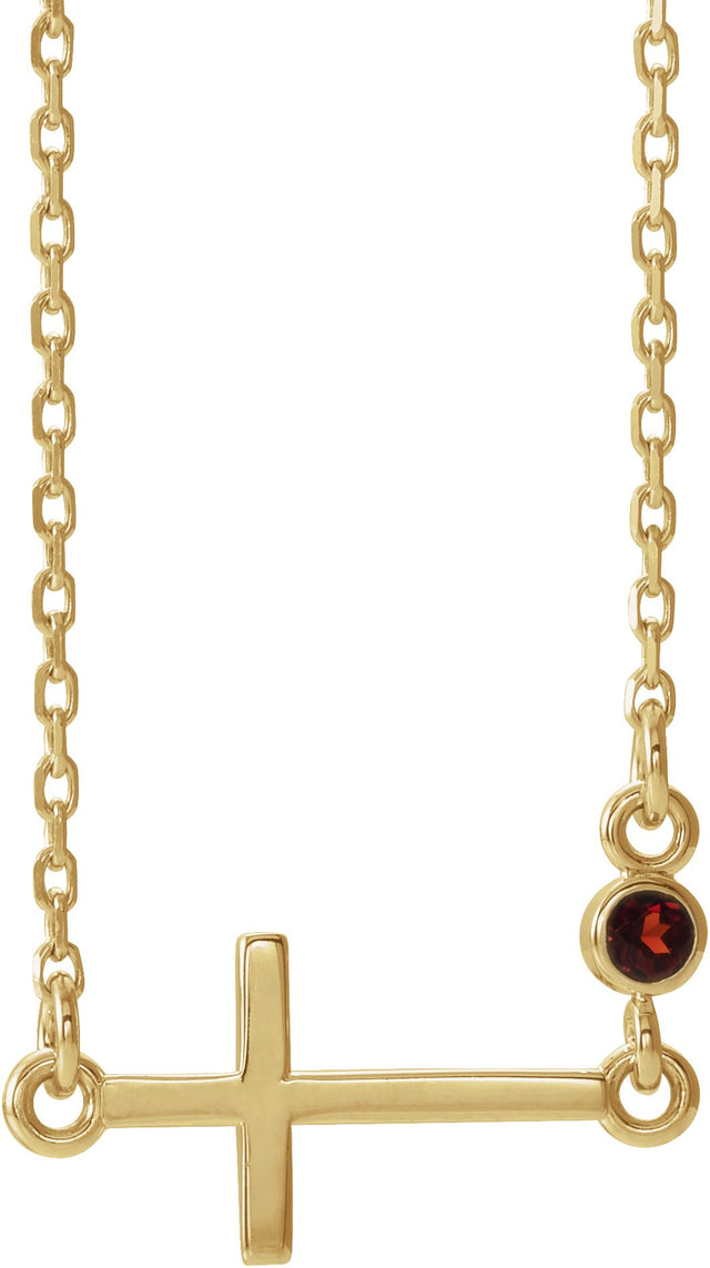 14K Gold Round Natural Mozambique Garnet Accented Sideways Cross Necklace - Yellow Gold