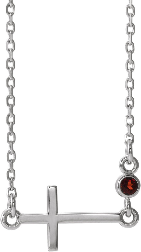 14K Gold Round Natural Mozambique Garnet Accented Sideways Cross Necklace - White Gold