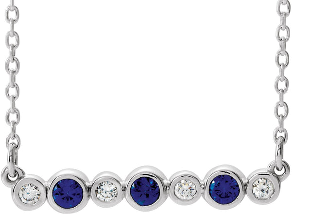 Platinum Round Lab-Grown Blue Sapphire Bezel-Set Bar Necklace – 0.08 CTW
