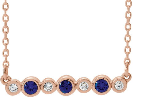 14K Gold Round Natural Blue Sapphire Bezel-Set Bar Necklace – 0.08 CTW - Rose Gold