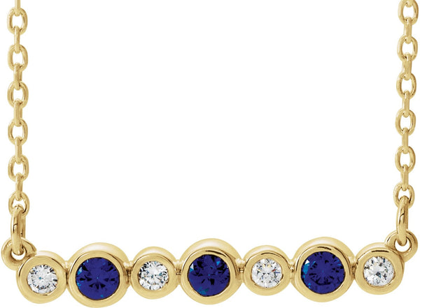 14K Gold Round Lab-Grown Blue Sapphire Bezel-Set Bar Necklace – 0.08 CTW - Yellow Gold