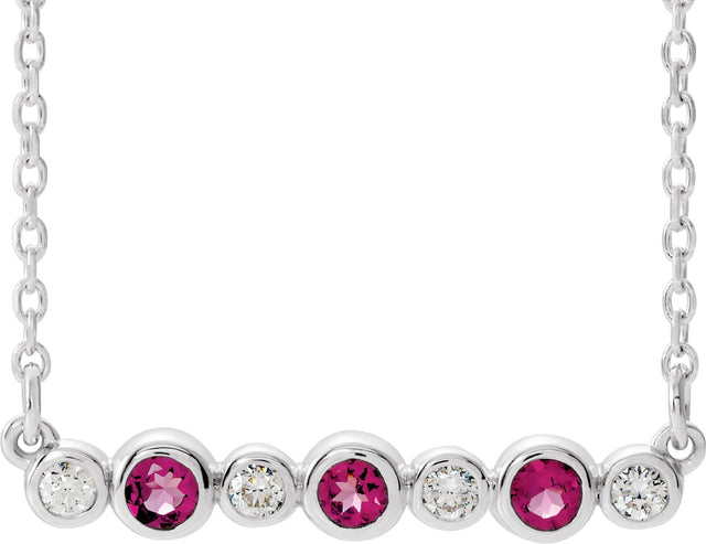 14K Gold Round Natural Pink Tourmaline Bezel-Set Bar Necklace – 0.08 CTW - White Gold