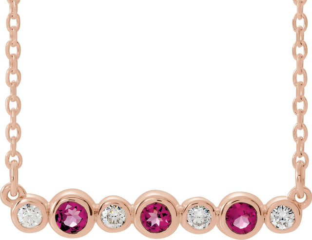 14K Gold Round Natural Pink Tourmaline Bezel-Set Bar Necklace – 0.08 CTW - Rose Gold