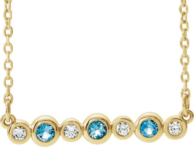 14K Gold Round Natural Aquamarine Bezel-Set Bar Necklace – 0.08 CTW - Yellow Gold