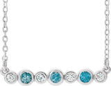 14K Gold Round Natural Blue Zircon Bezel-Set Bar Necklace – 0.08 CTW - White Gold