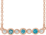14K Gold Round Natural Blue Zircon Bezel-Set Bar Necklace – 0.08 CTW - Rose Gold