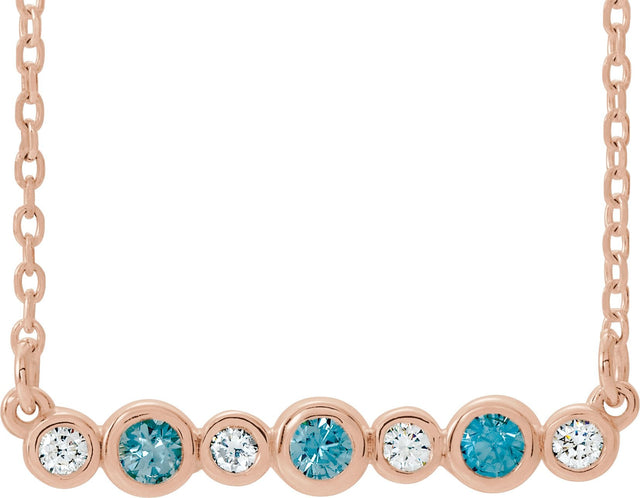 14K Gold Round Natural Blue Zircon Bezel-Set Bar Necklace – 0.08 CTW - Rose Gold