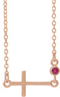 14K Gold Round Natural Ruby Accented Sideways Cross Necklace - Rose Gold