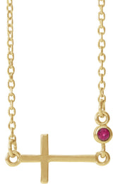 14K Gold Round Lab-Grown Ruby Accented Sideways Cross Necklace - Yellow Gold
