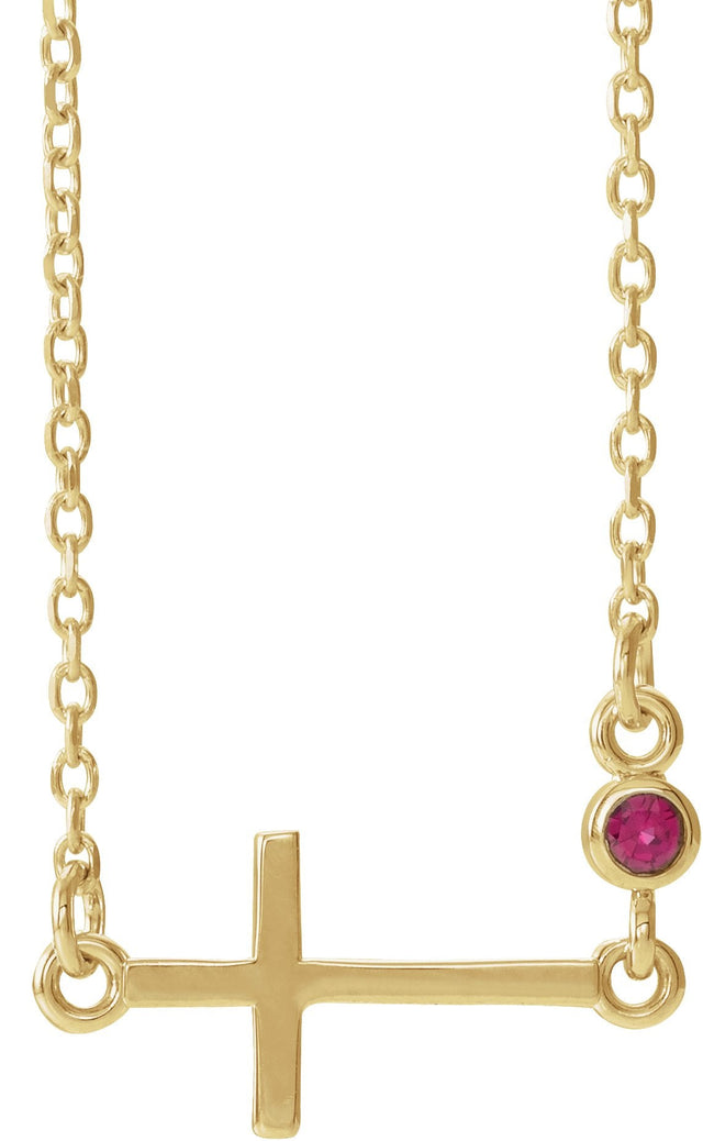 14K Gold Round Lab-Grown Ruby Accented Sideways Cross Necklace - Yellow Gold