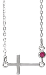 14K Gold Round Lab-Grown Ruby Accented Sideways Cross Necklace - White Gold