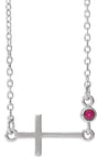 14K Gold Round Lab-Grown Ruby Accented Sideways Cross Necklace - White Gold