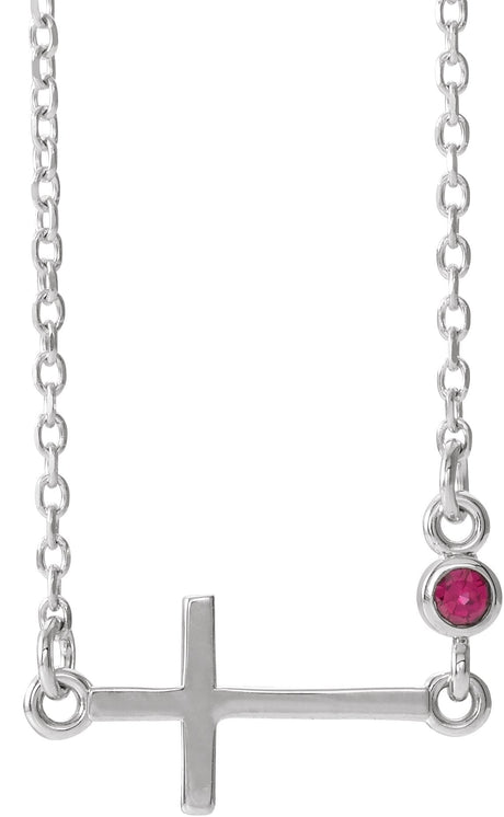 14K Gold Round Natural Ruby Accented Sideways Cross Necklace - White Gold