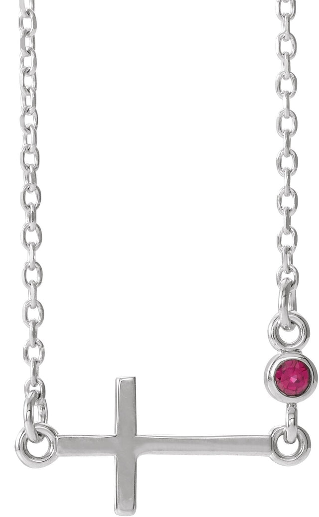 14K Gold Round Natural Ruby Accented Sideways Cross Necklace - White Gold
