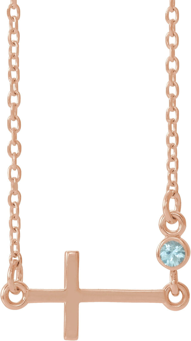 14K Gold Round Natural Blue Zircon Accented Sideways Cross Necklace - Rose Gold