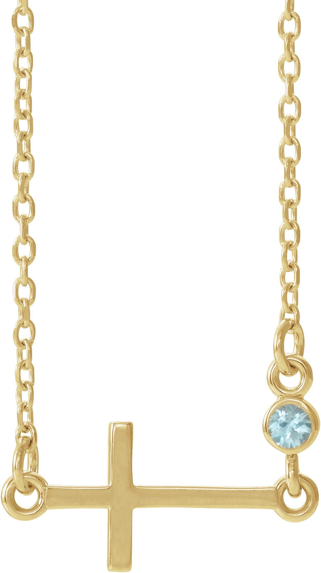 14K Gold Round Natural Blue Zircon Accented Sideways Cross Necklace - Yellow Gold