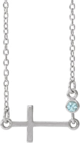 14K Gold Round Natural Blue Zircon Accented Sideways Cross Necklace - White Gold