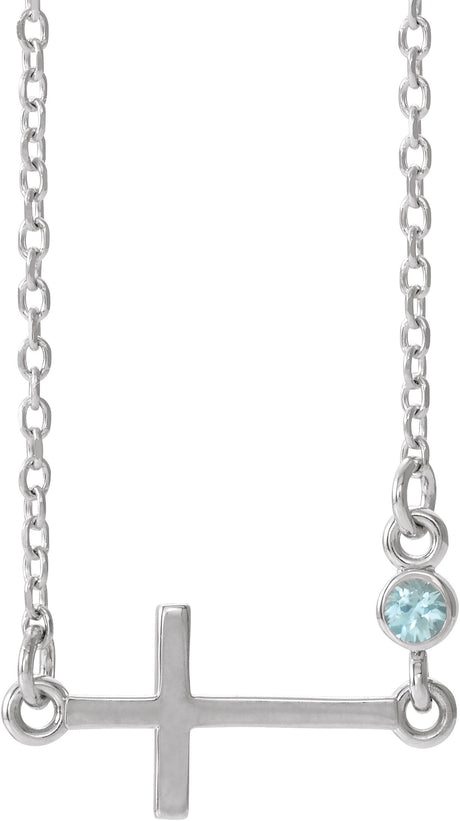 14K Gold Round Natural Blue Zircon Accented Sideways Cross Necklace - White Gold