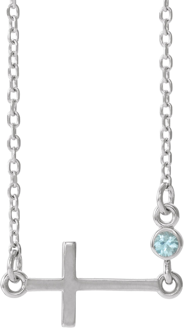 14K Gold Round Natural Blue Zircon Accented Sideways Cross Necklace - White Gold