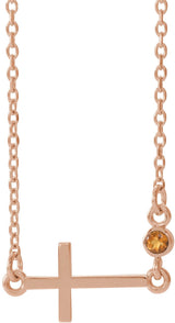 14K Gold Round Natural Citrine Accented Sideways Cross Necklace - Rose Gold