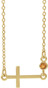 14K Gold Round Natural Citrine Accented Sideways Cross Necklace - Yellow Gold