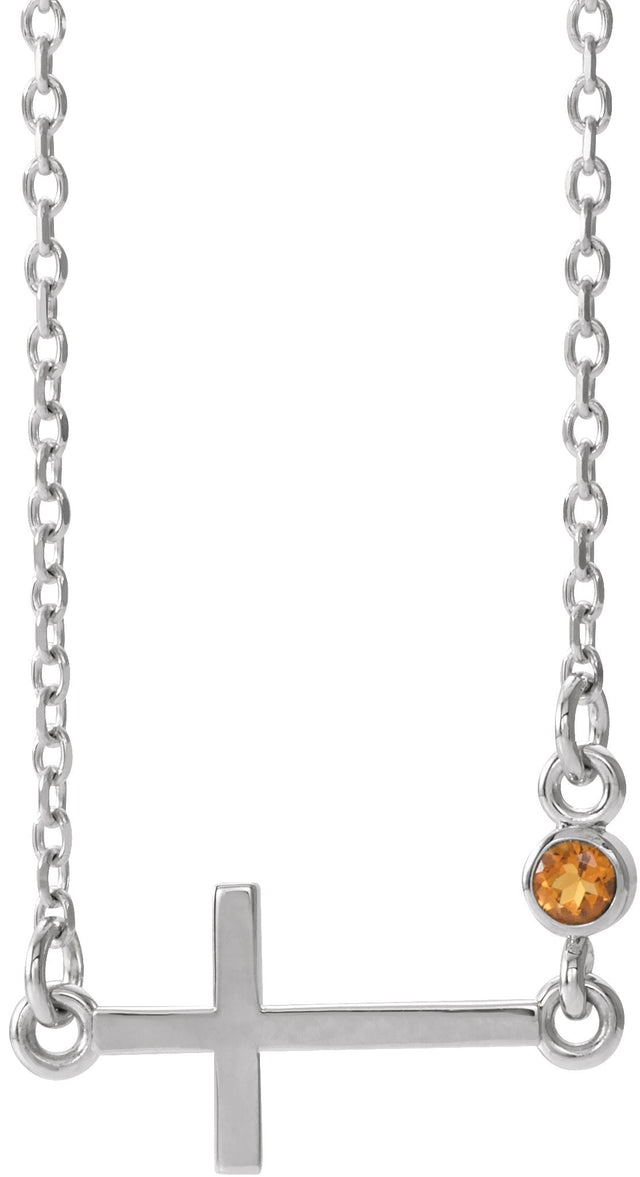 14K Gold Round Natural Citrine Accented Sideways Cross Necklace - White Gold