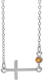 14K Gold Round Natural Citrine Accented Sideways Cross Necklace - White Gold