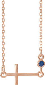 14K Gold Round Lab-Grown Blue Sapphire Accented Sideways Cross Necklace - Rose Gold