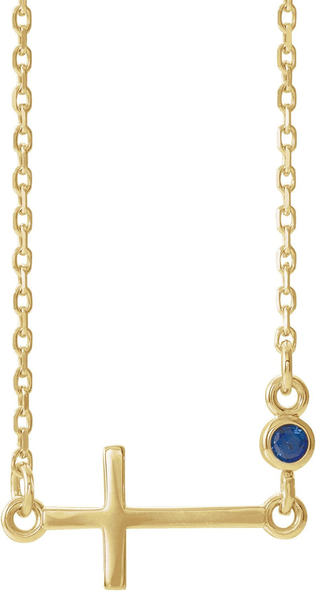 14K Gold Round Natural Blue Sapphire Accented Sideways Cross Necklace - Yellow Gold